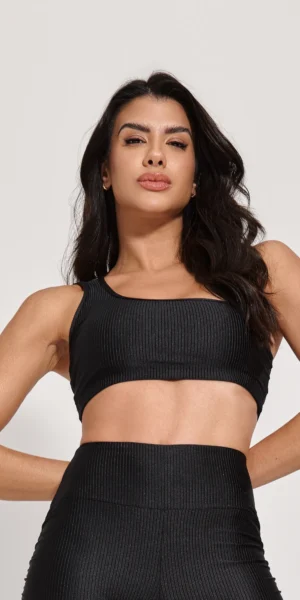 Top Fitness Canelado Assimétrico Preto